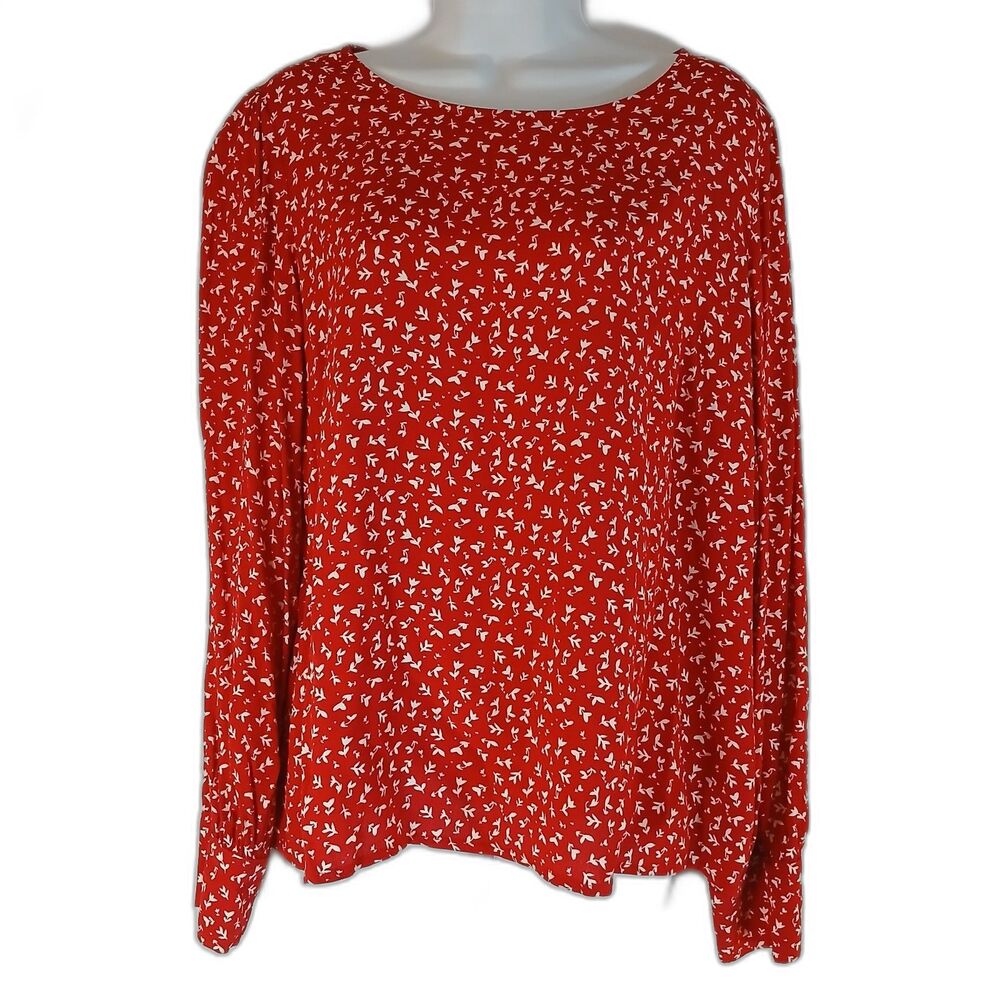 J Crew  Top Red White Floral Scoop Neck  Puff Sleeves Sz XL  Career Holiday...